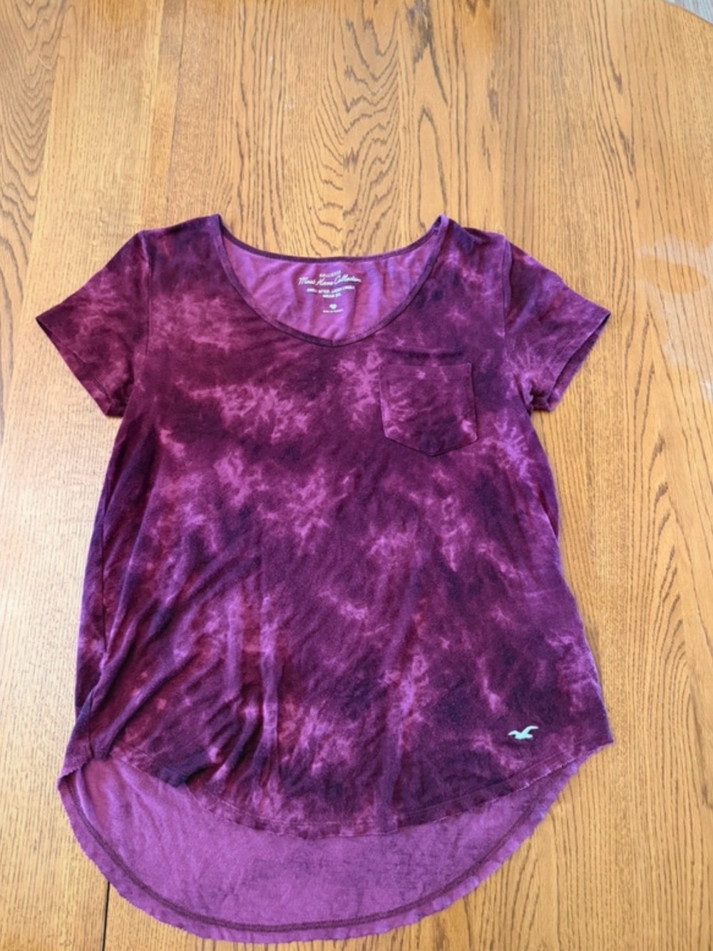Hollister Women's Maroon-Purple Tie-Dye Pocket Tee